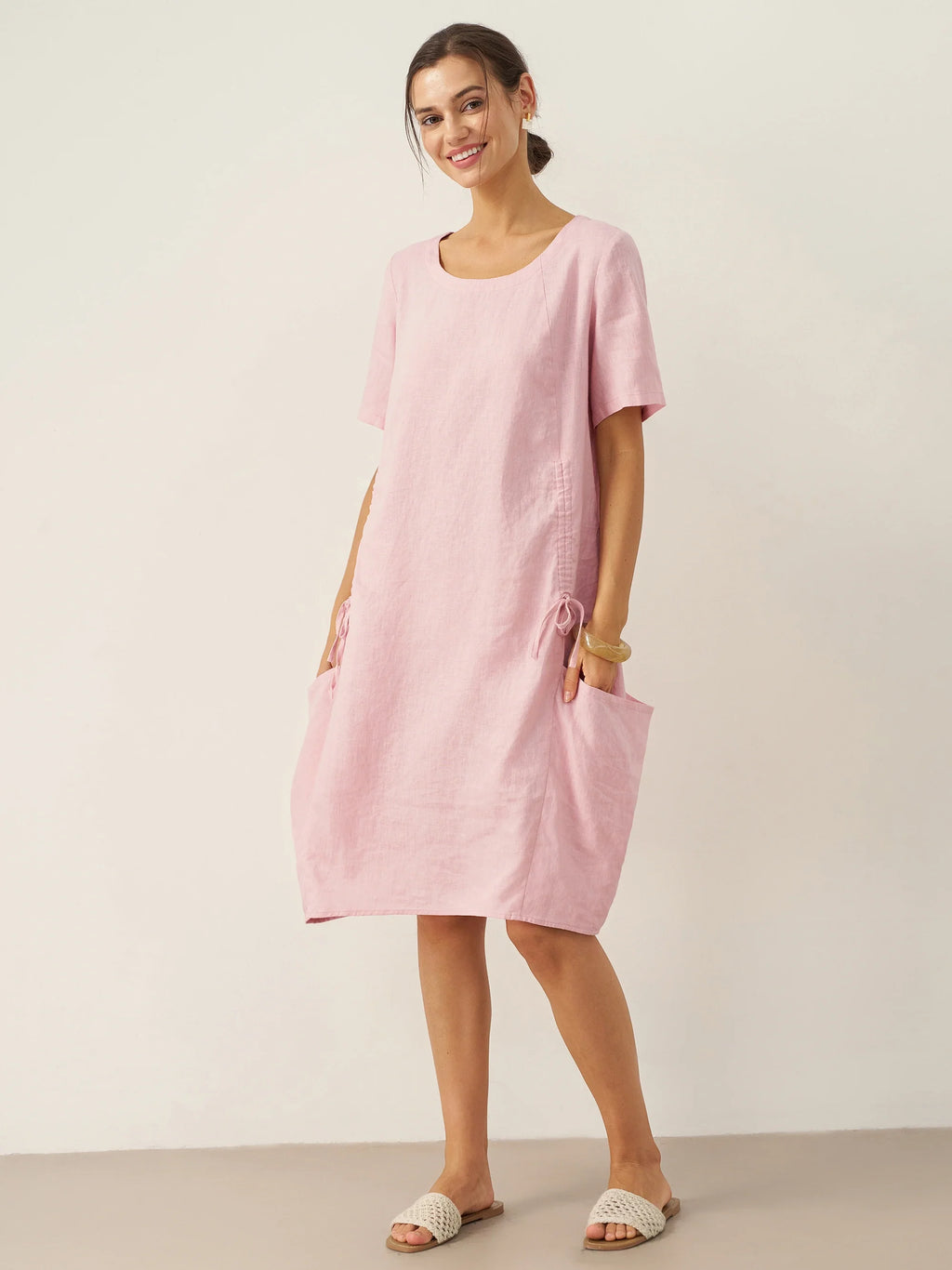 LINTICO 100% Linen Round Neck Patch Pocket Midi Dress XENA — main product shot