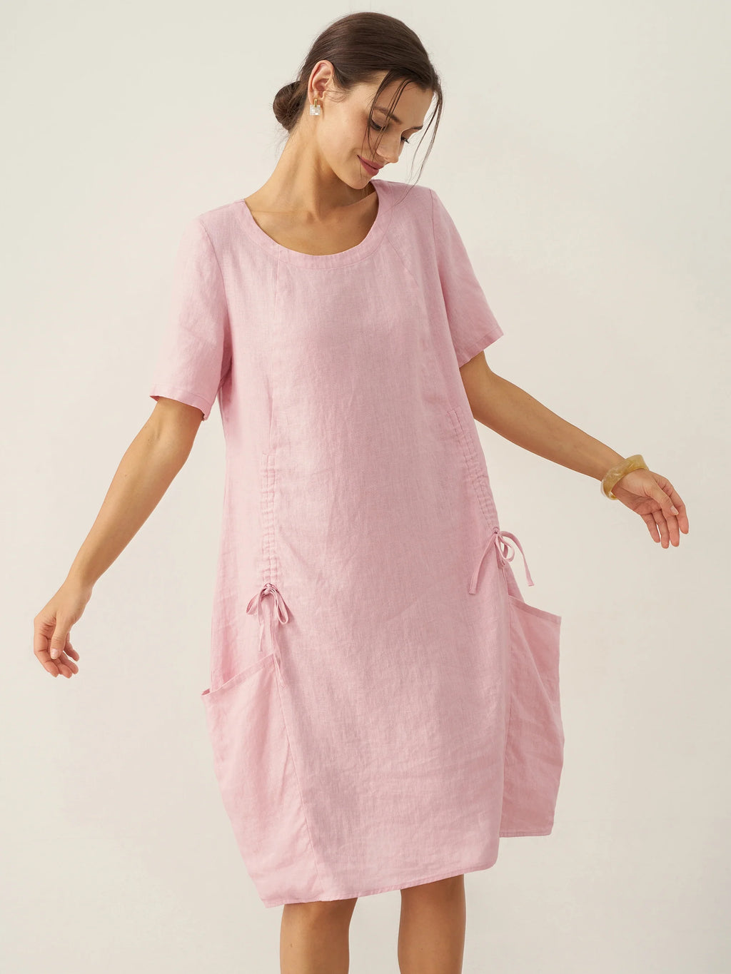 LINTICO 100% Linen Round Neck Patch Pocket Midi Dress XENA — lifestyle worn / used context