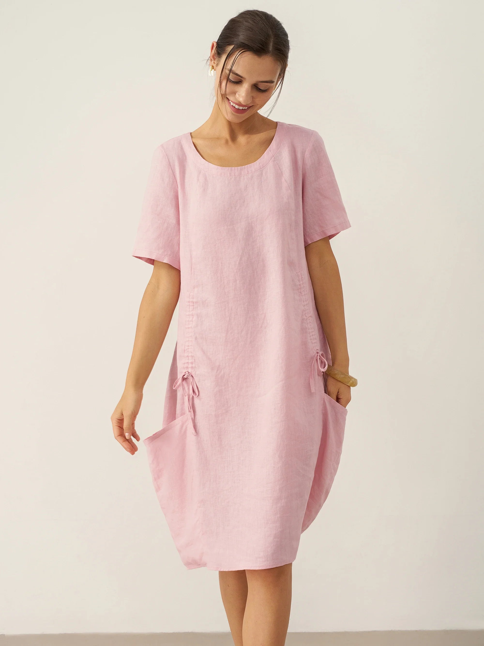 LINTICO 100% Linen Round Neck Patch Pocket Midi Dress XENA — LINTICO branding close-up