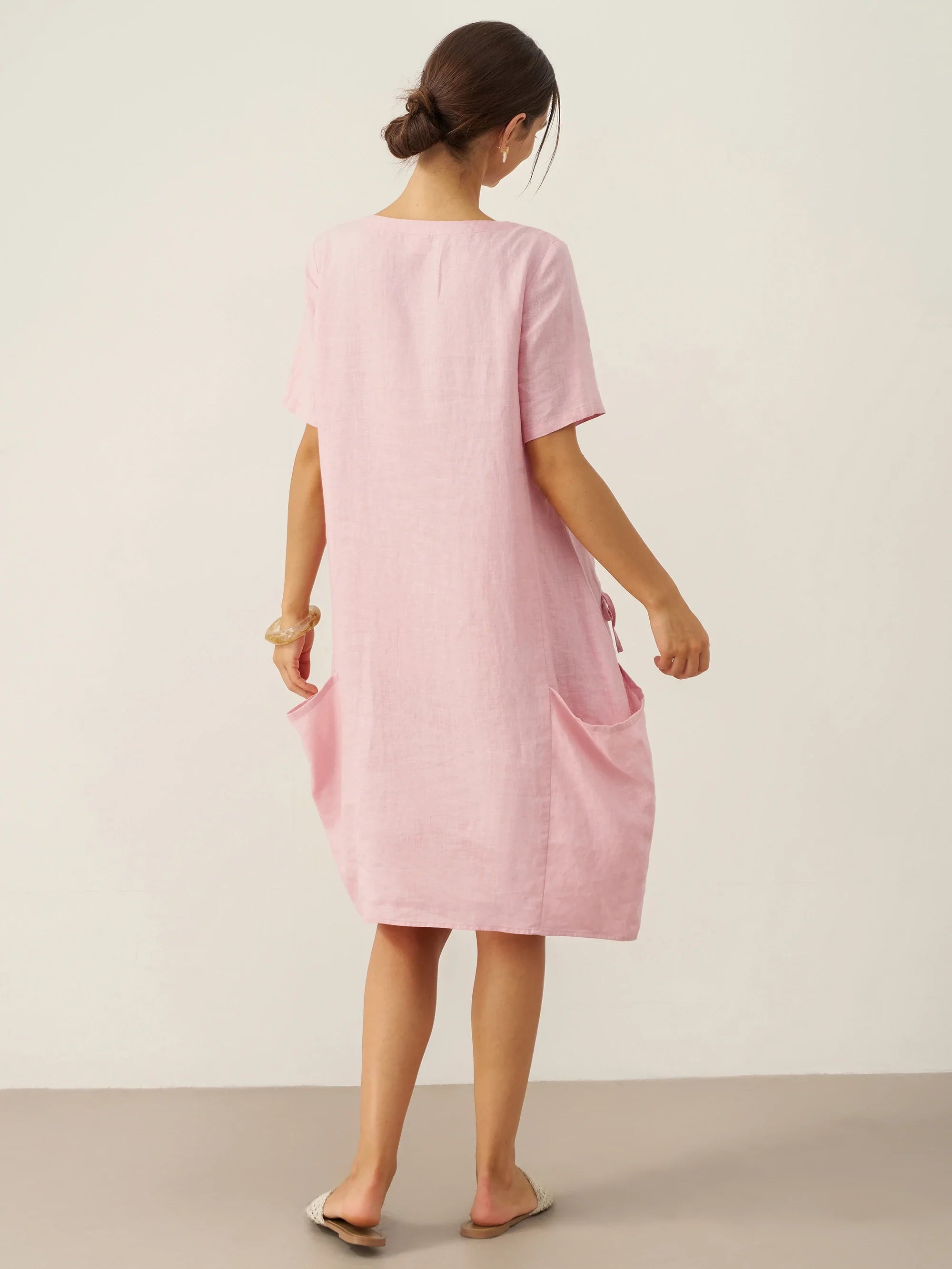 LINTICO 100% Linen Round Neck Patch Pocket Midi Dress XENA — construction detail