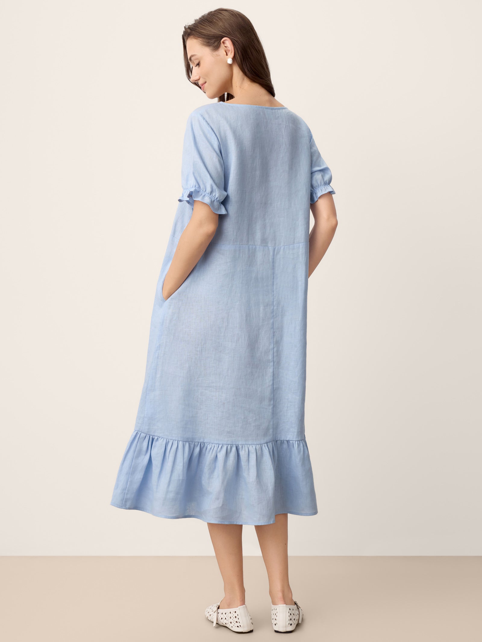 LINTICO 100% Linen Ruffle-Trim Belted Midi Dress LIVARA — lifestyle worn / used context