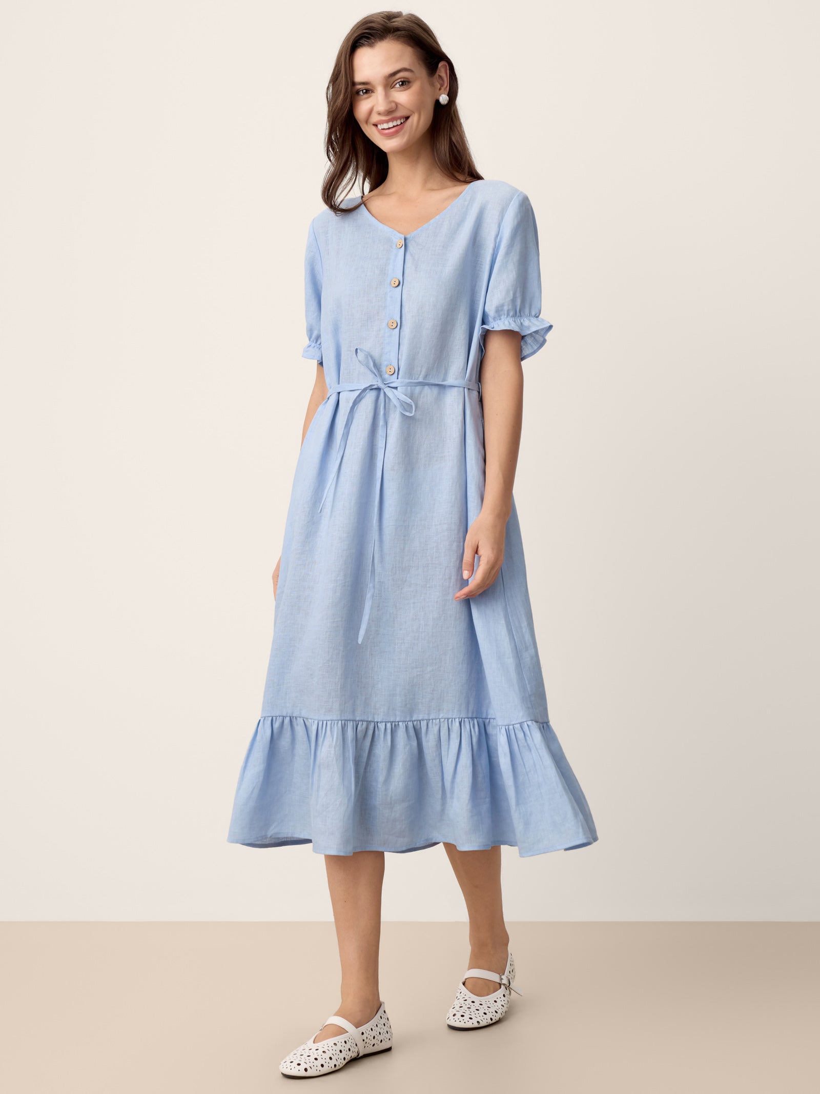 LINTICO 100% Linen Ruffle-Trim Belted Midi Dress LIVARA — main product shot