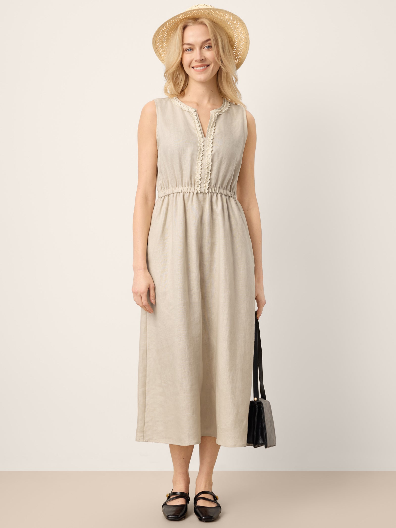 LINTICO 100% Linen Ruffle Trim Elasticated Waist Sleeveless Midi Dress LUCINDA — detail shot 9