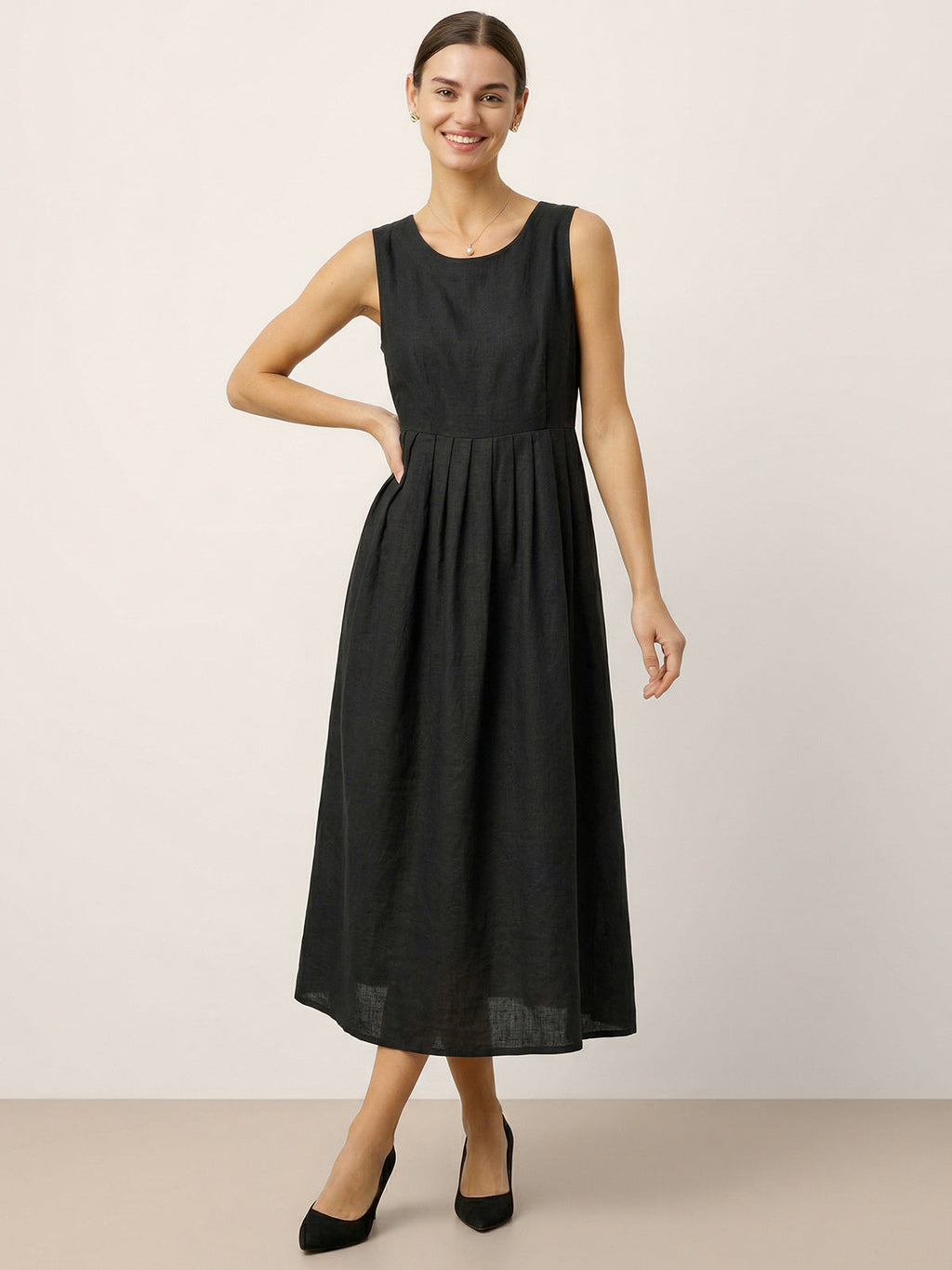 LINTICO 100% Linen Sleeveless Crew Neck Waist Pleated Maxi Dress SELENE — product on model