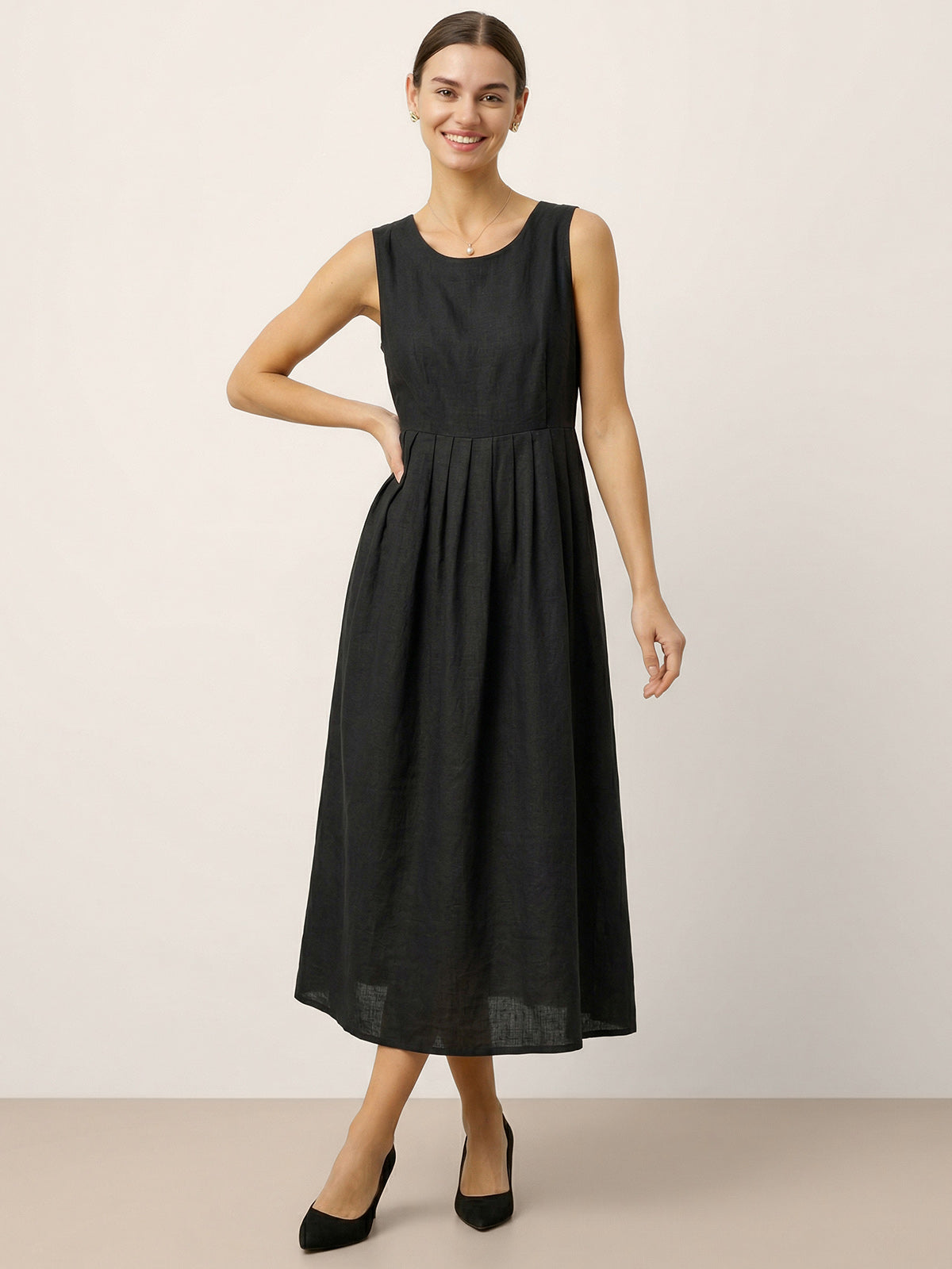 LINTICO 100% Linen Sleeveless Crew Neck Waist Pleated Maxi Dress SELENE — product on model