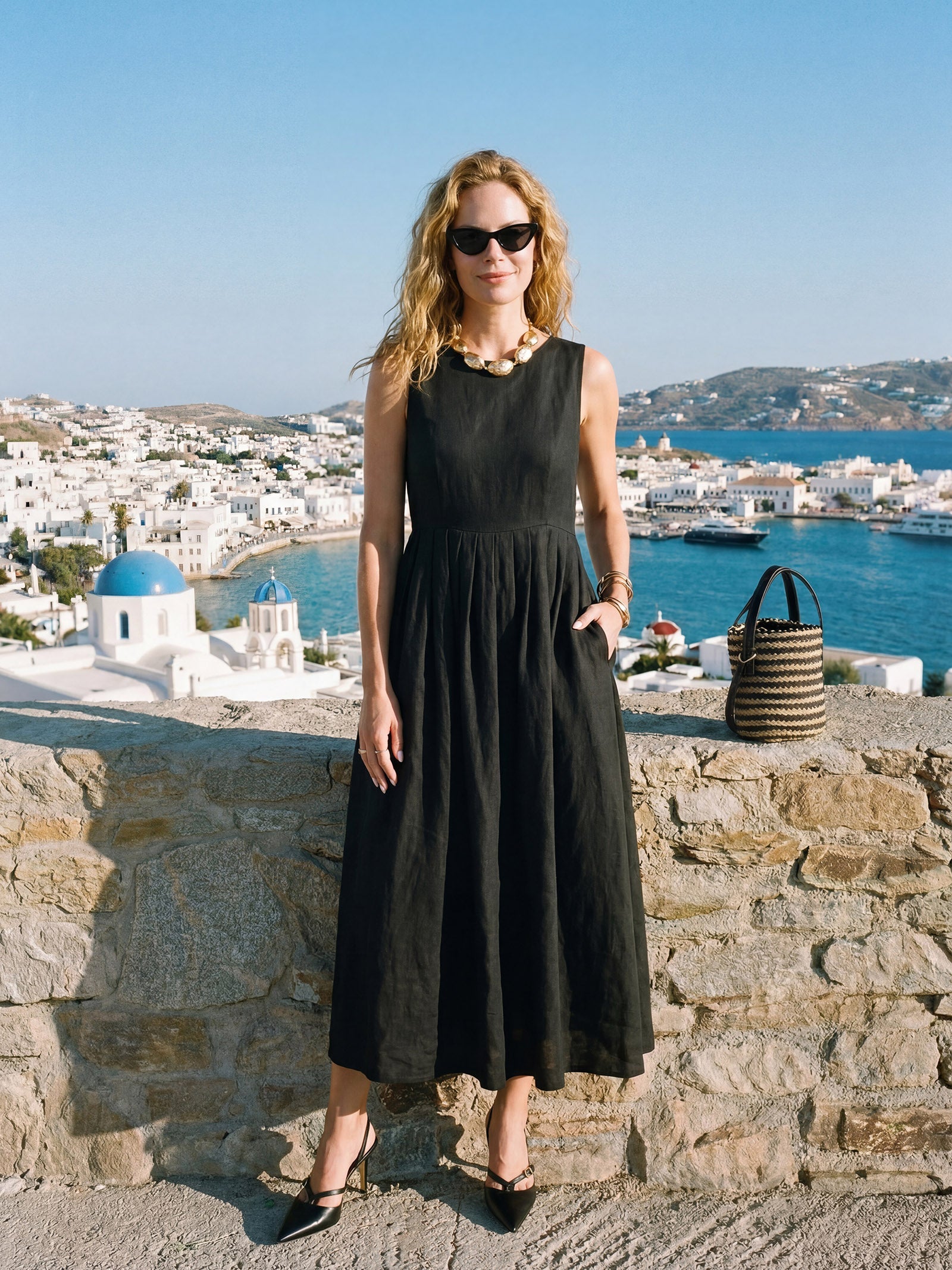 LINTICO 100% Linen Sleeveless Crew Neck Waist Pleated Maxi Dress SELENE — comparison shot