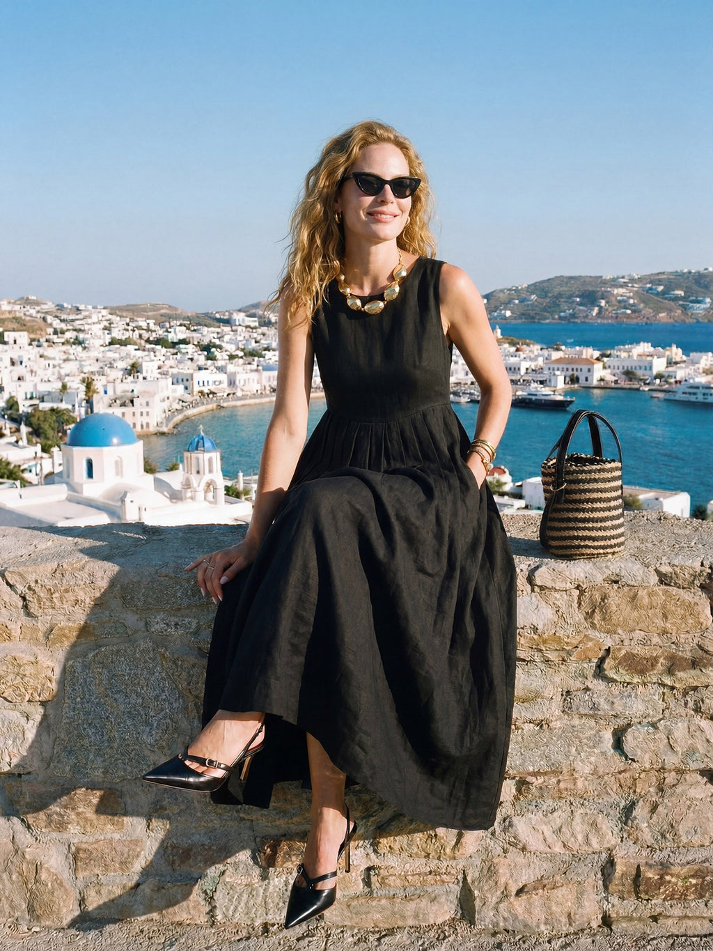 LINTICO 100% Linen Sleeveless Crew Neck Waist Pleated Maxi Dress SELENE — fabric or material detail