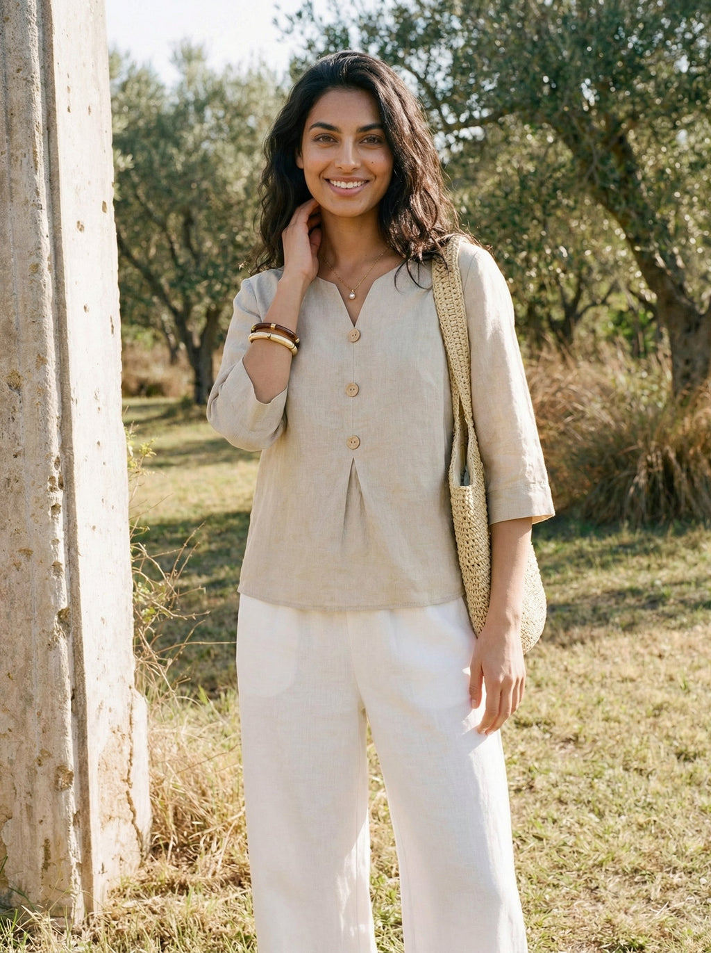 LINTICO 100% Linen Split Neck Inverted Pleat Top TABITHA — detail shot 10
