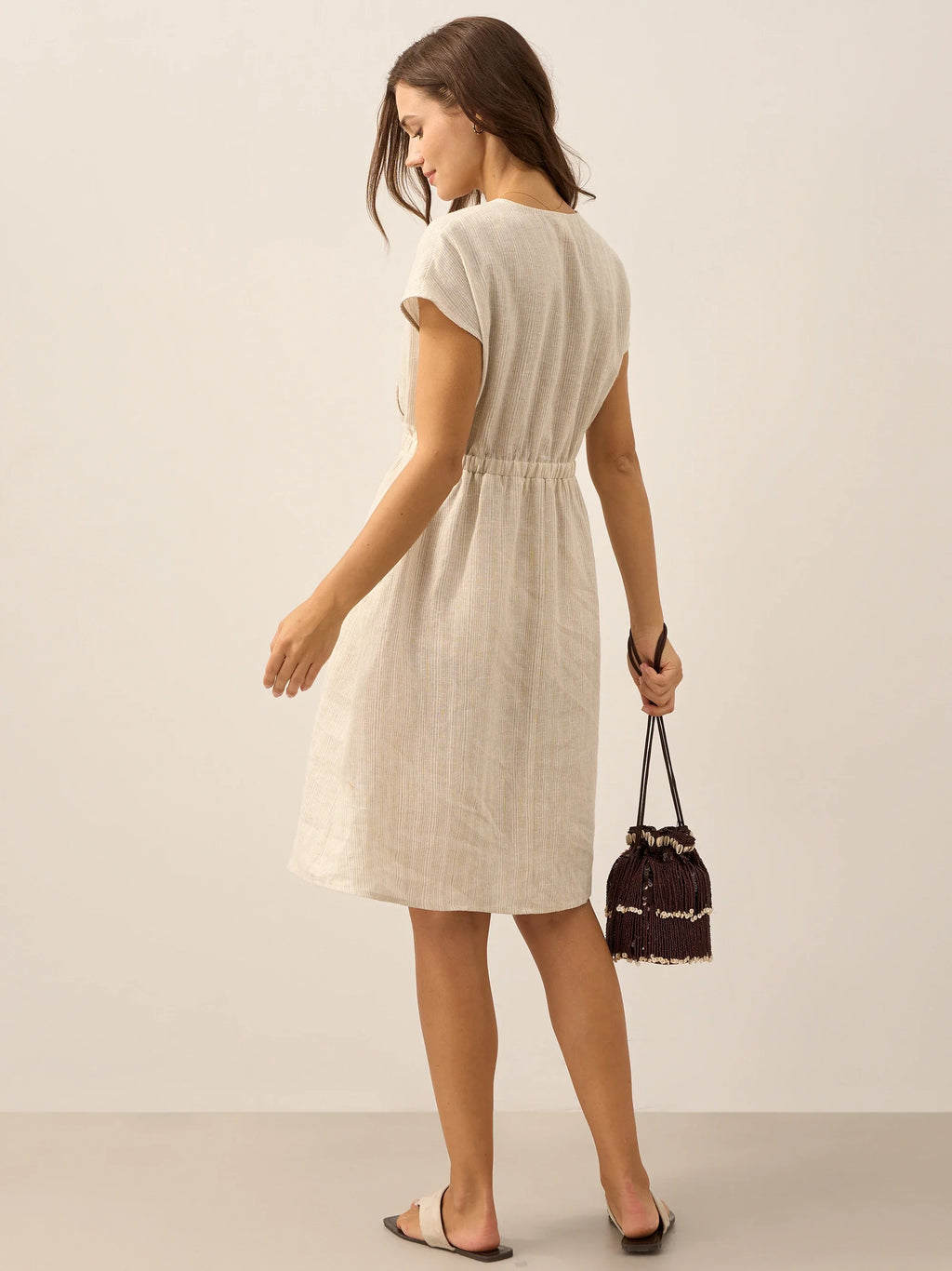LINTICO 100% Linen Striped Elastic-Waist Midi Dress ARIA — fabric or material detail