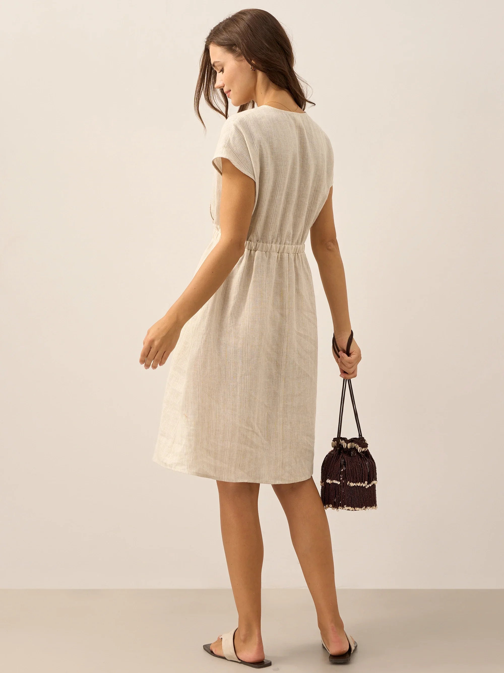 LINTICO 100% Linen Striped Elastic-Waist Midi Dress ARIA — fabric or material detail