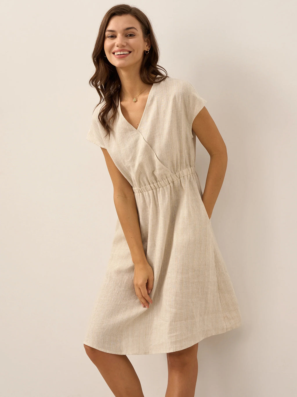 LINTICO 100% Linen Striped Elastic-Waist Midi Dress ARIA — product on model