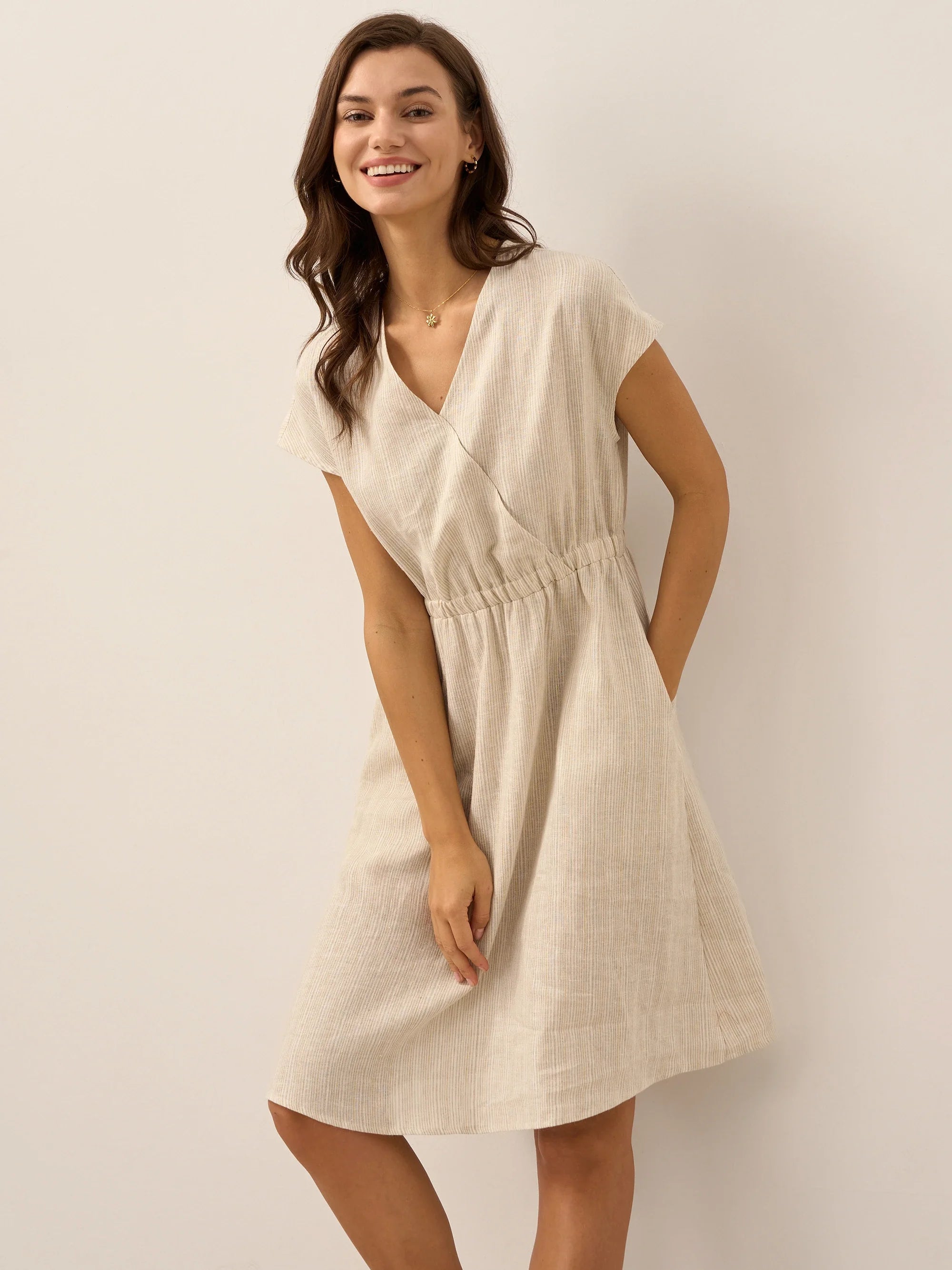 LINTICO 100% Linen Striped Elastic-Waist Midi Dress ARIA — product on model
