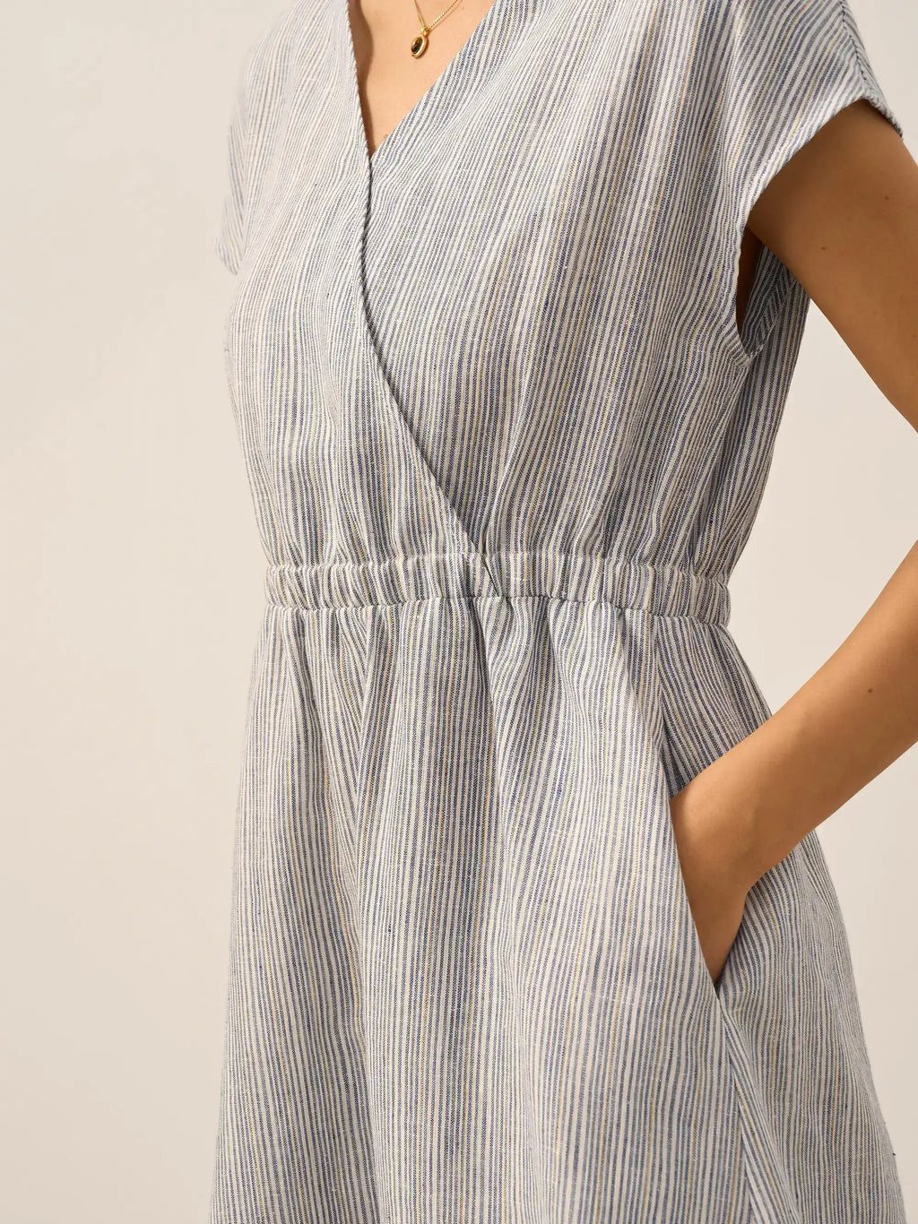 LINTICO 100% Linen Striped Elastic-Waist Midi Dress ARIA — detail shot 9
