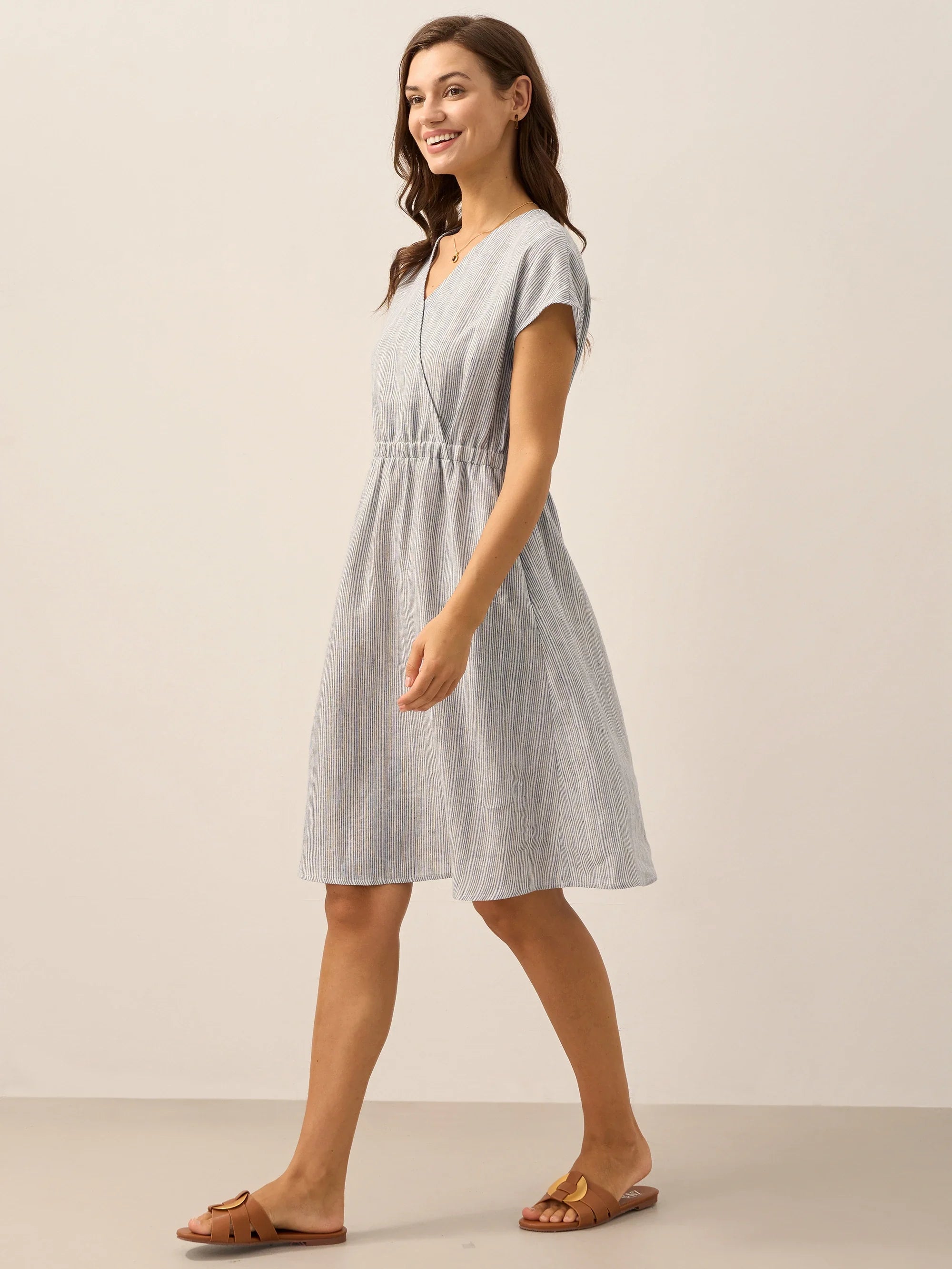LINTICO 100% Linen Striped Elastic-Waist Midi Dress ARIA — LINTICO branding close-up