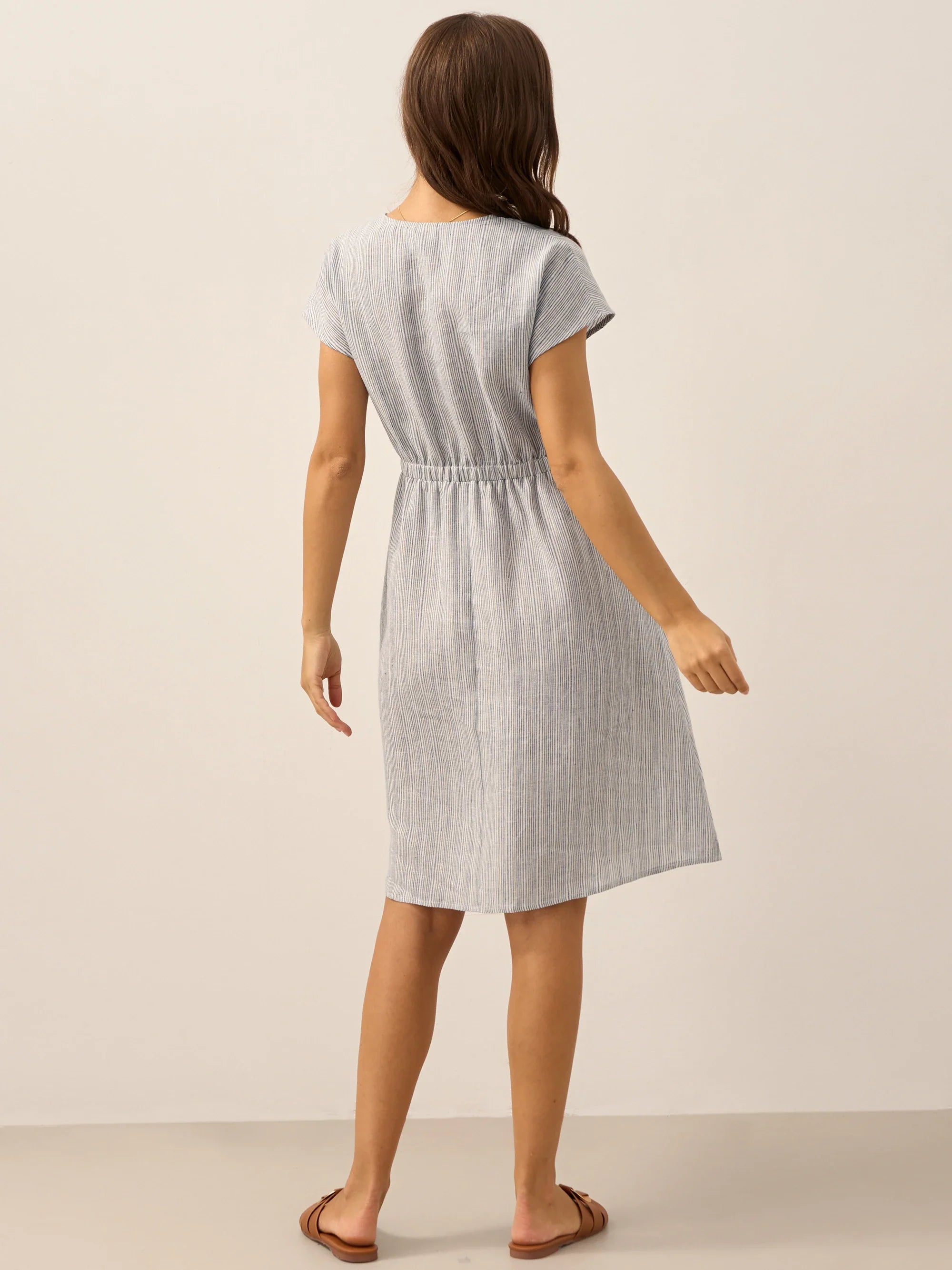 LINTICO 100% Linen Striped Elastic-Waist Midi Dress ARIA — flat-lay composition