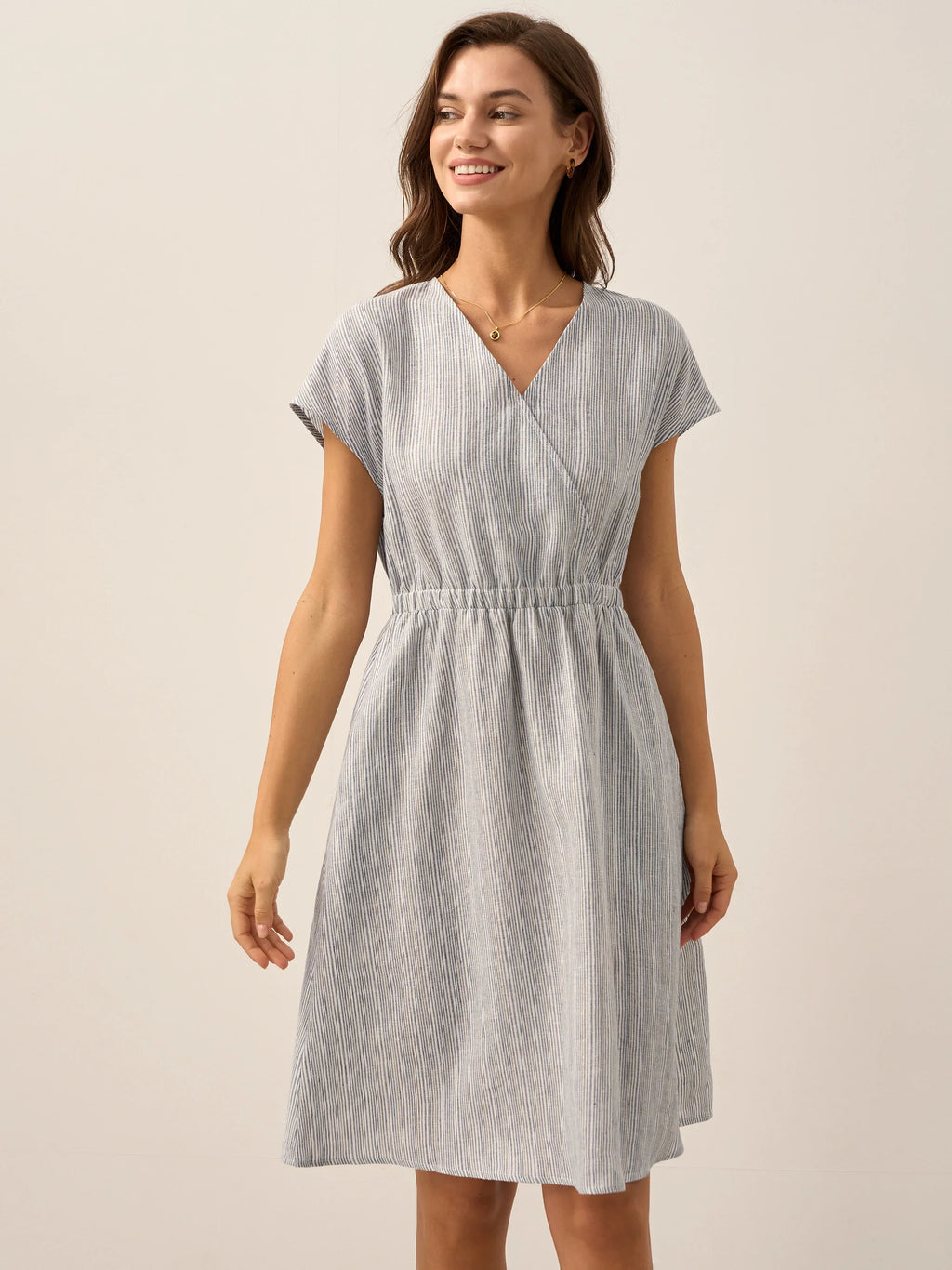 LINTICO 100% Linen Striped Elastic-Waist Midi Dress ARIA — lifestyle context