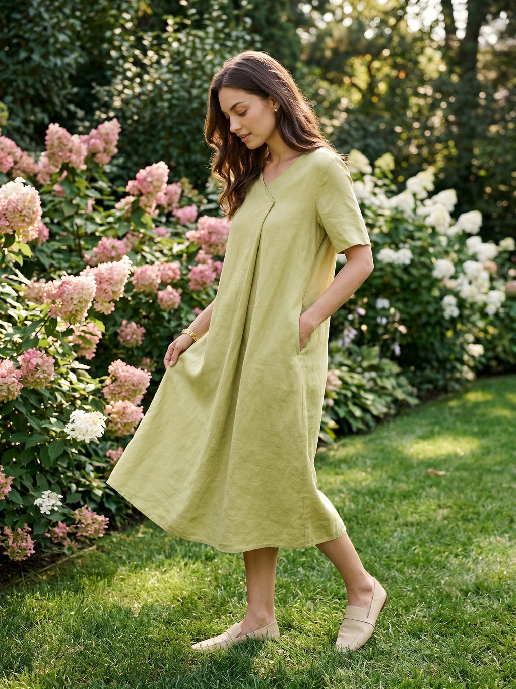 LINTICO 100% Linen Surplice Neck A Line Maxi Dress JUDITH — detail close-up