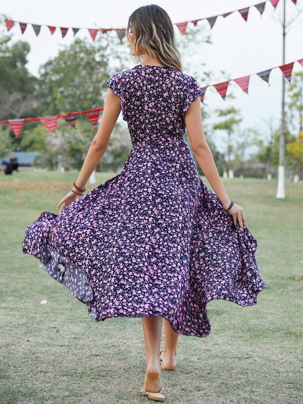 Women Summer Daily Ruffled Printed V Neck Short Sleeve High Split A Line Midi Dress