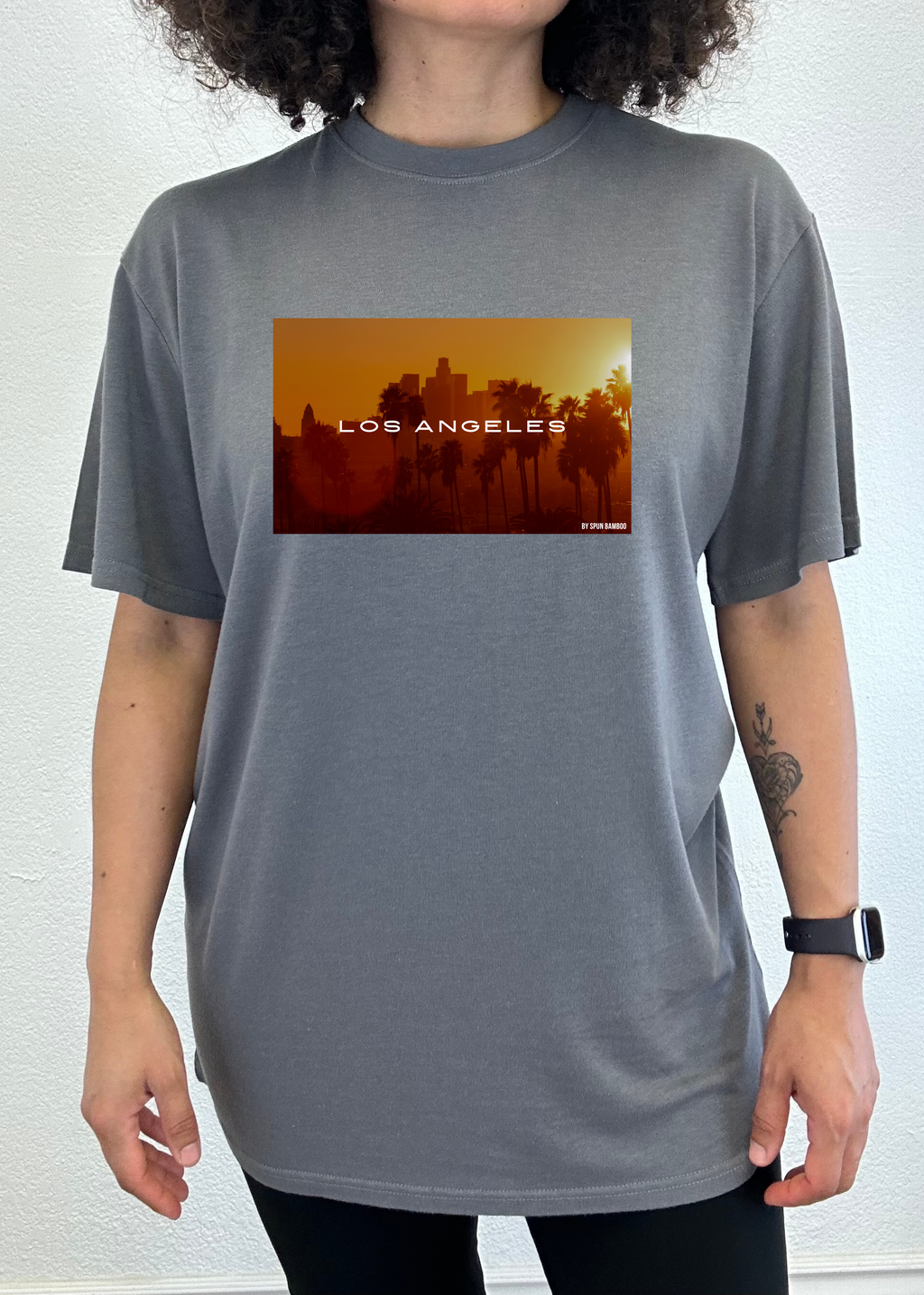 Spun Bamboo Los Angeles Unisex Bamboo Viscose/Organic Cotton Short Sleeve Graphic T-Shirt — product on model