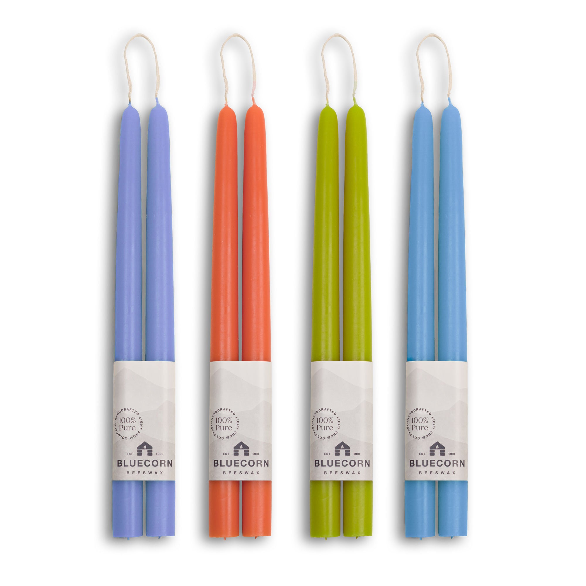 Bluecorn Candles Summer Beeswax Taper Candles - Apricot, Pistachio, Lilac & Sky Blue — main product shot