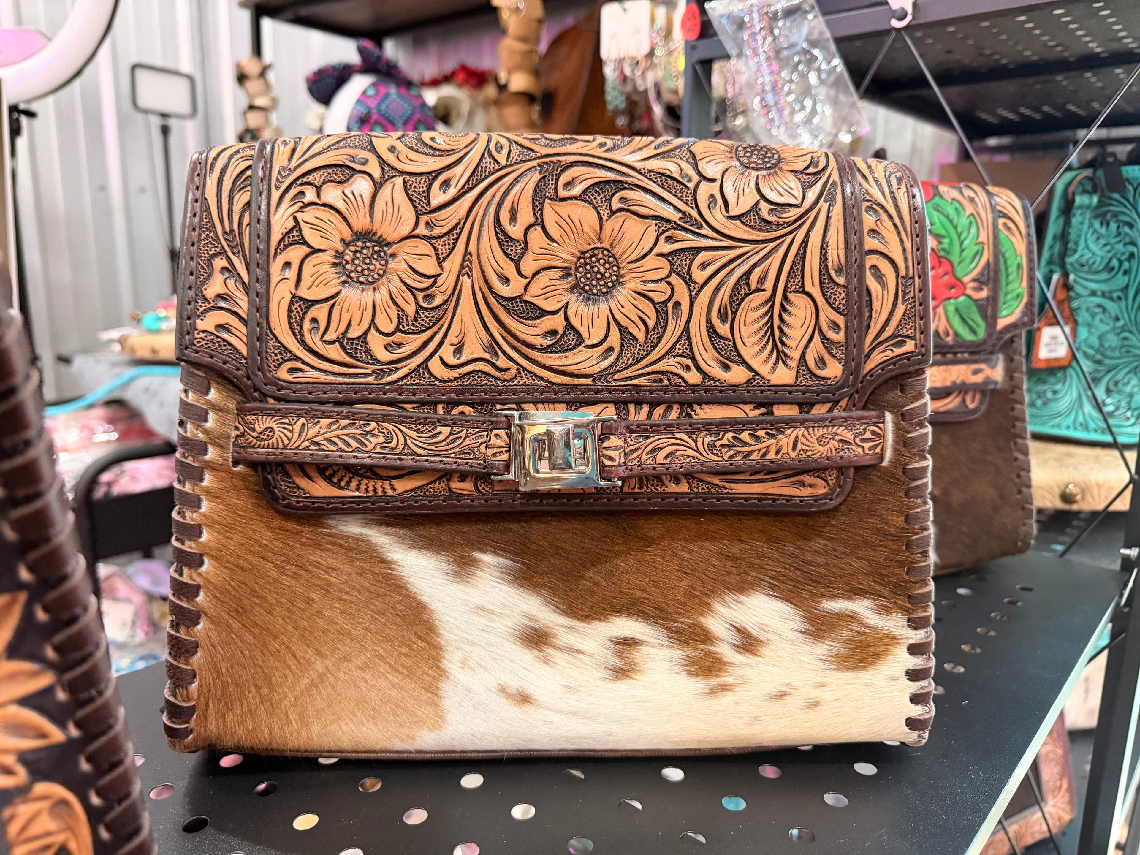 FLORAL TOOLED LEATHER & COWHIDE SHOULDER BAG