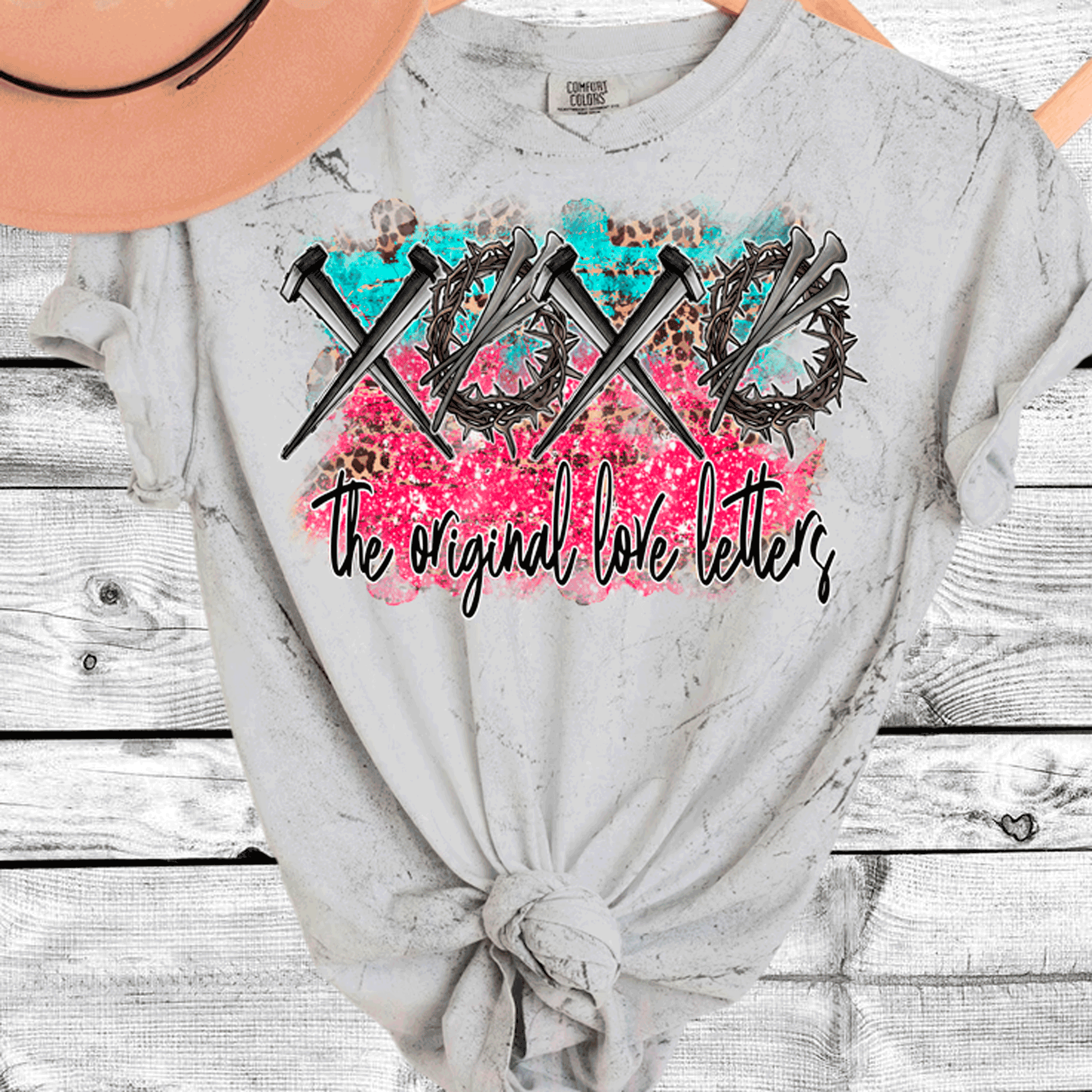 A Blessed Texas Mess Boutique Comfort Color Colorblast Tie Dye The Original Love Letters XOXO Easter Nails… — construction detail