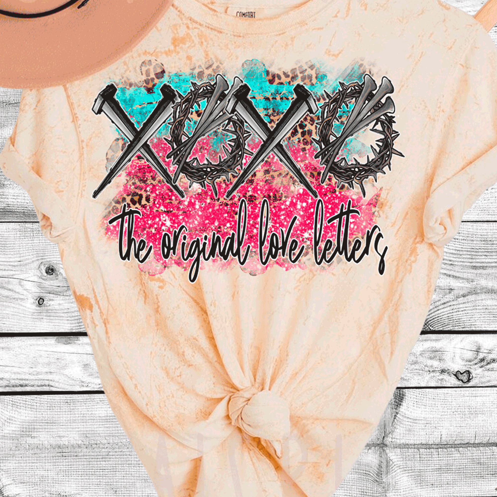 A Blessed Texas Mess Boutique Comfort Color Colorblast Tie Dye The Original Love Letters XOXO Easter Nails… — A Blessed Texas Mess Boutique branding close-up