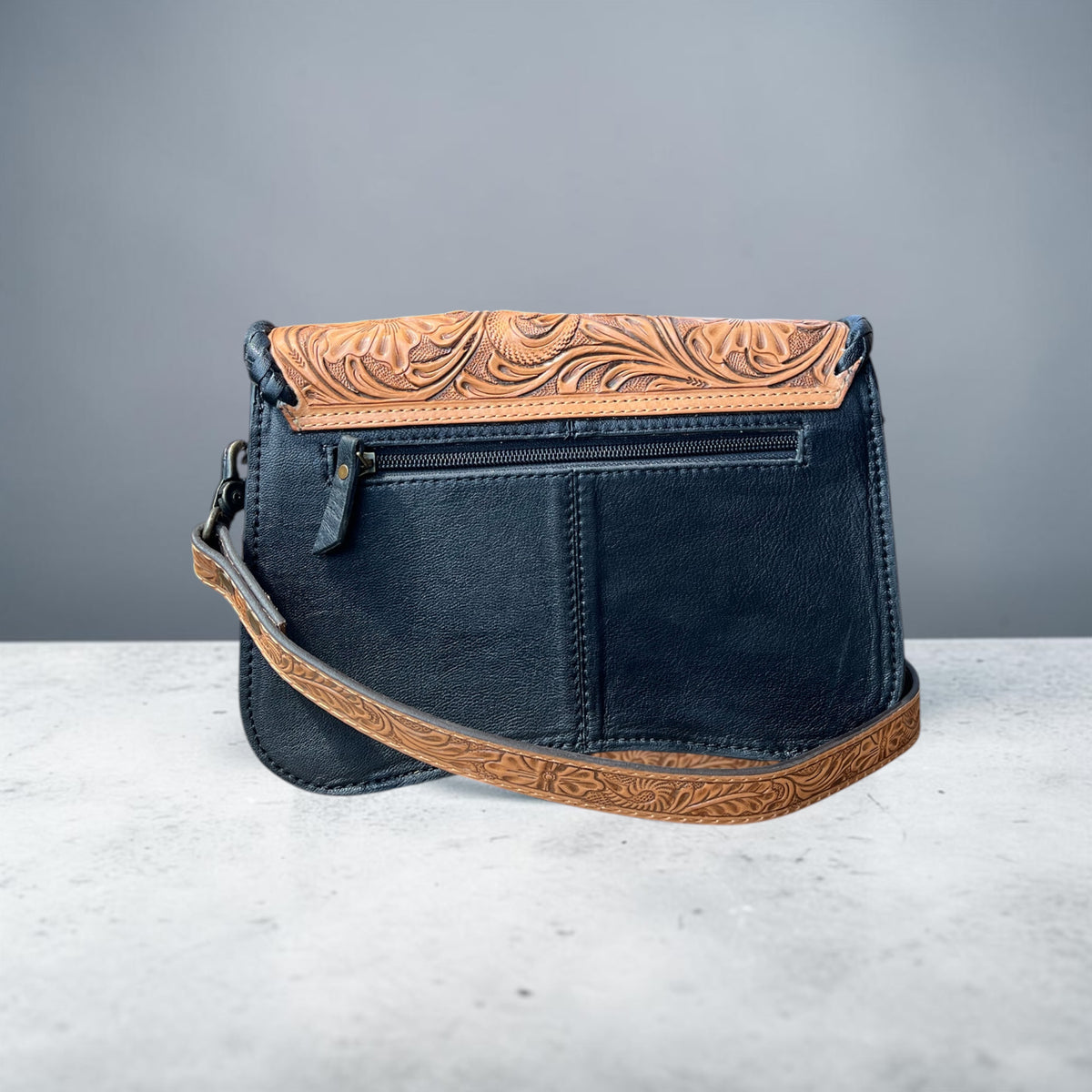 TAN/WHITE TOOLED LEATHER CROSSBODY BAG