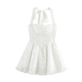 Women Sweet Cutout Embroidery Lace Stitching Halter Lace up Dress