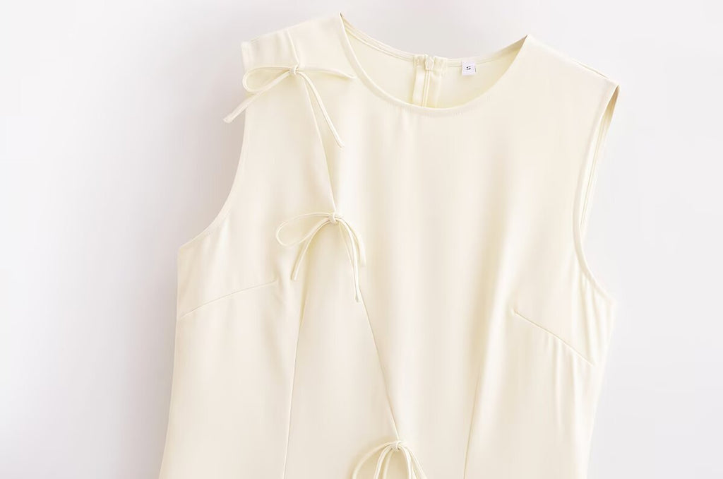 Spring Women Clothing Minimalist Bowknot Lace up Crew Neck Dress
