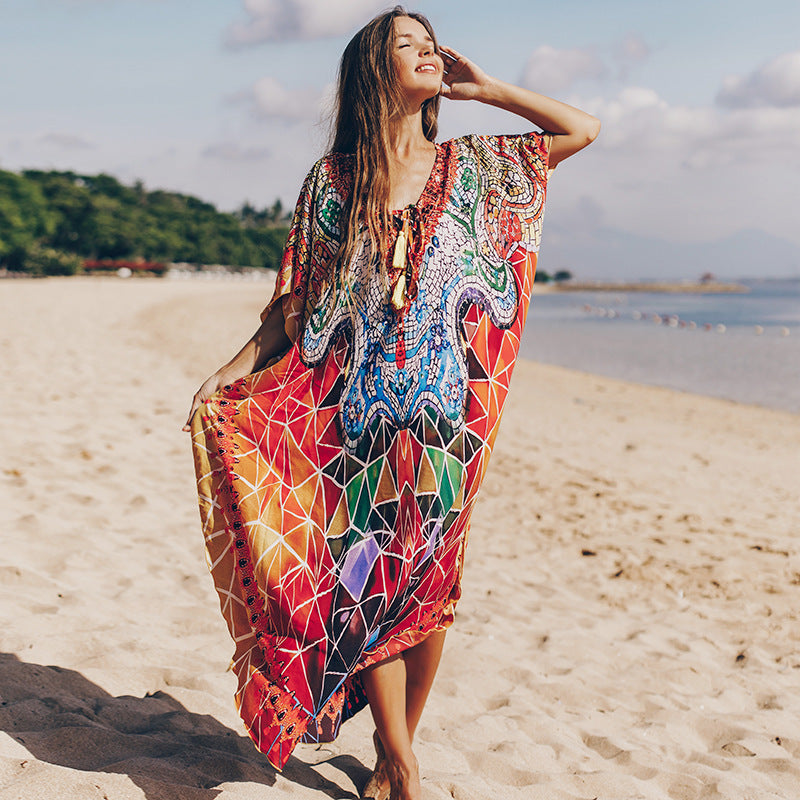 Bella Mia Quick Drying Silky Marbling Robe Vacation Loose Beach Maxi Dress Bikini Swimsuit Blouse — main product shot