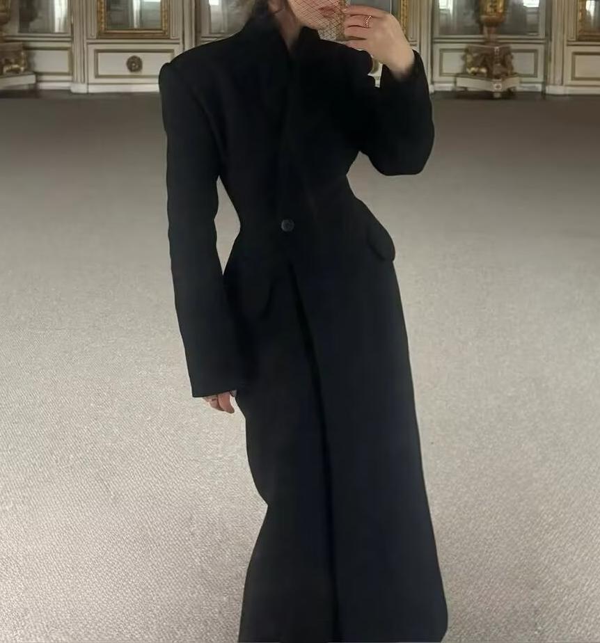 Bella Mia Women Solid Color Slim One Button Long Long Sleeve Collared Coat — main product shot