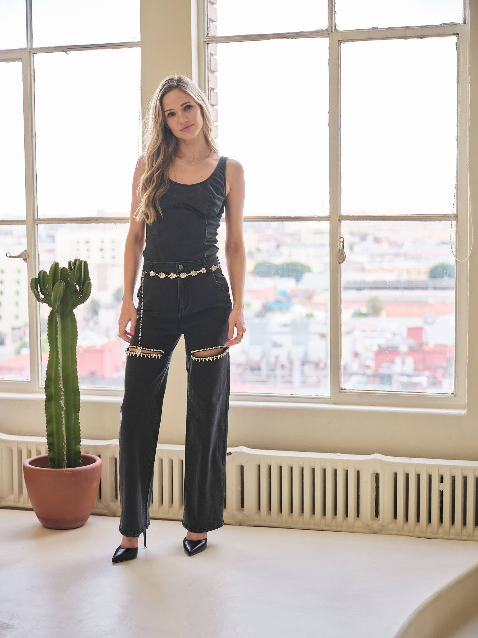 Black Cut Out Rhinestone Denim Jeans