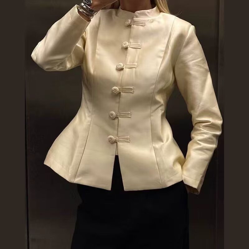 Bella Mia Women Clothing Stand Collar Buckle Satin Jacket Waist Trimming Coat — main product shot