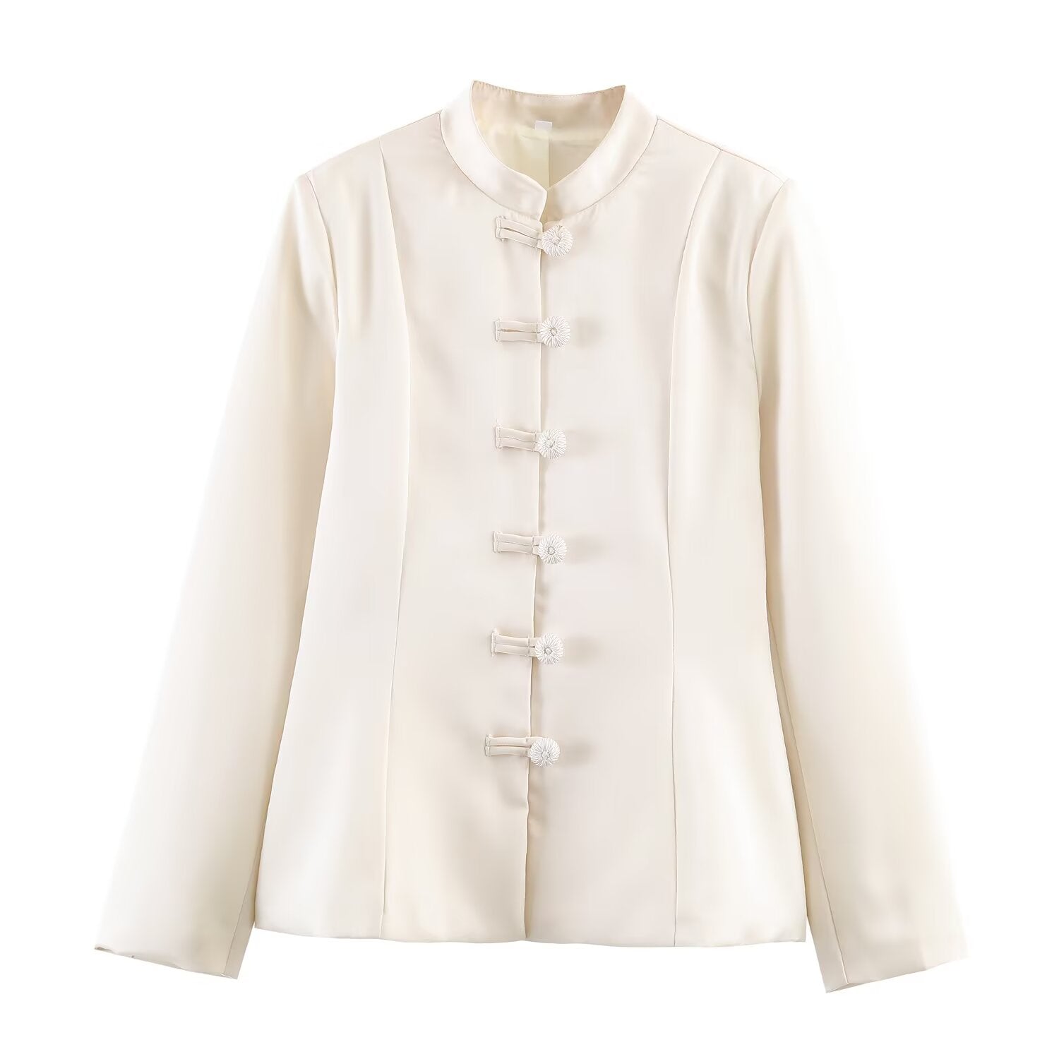 Bella Mia Women Clothing Stand Collar Buckle Satin Jacket Waist Trimming Coat — packaging or label