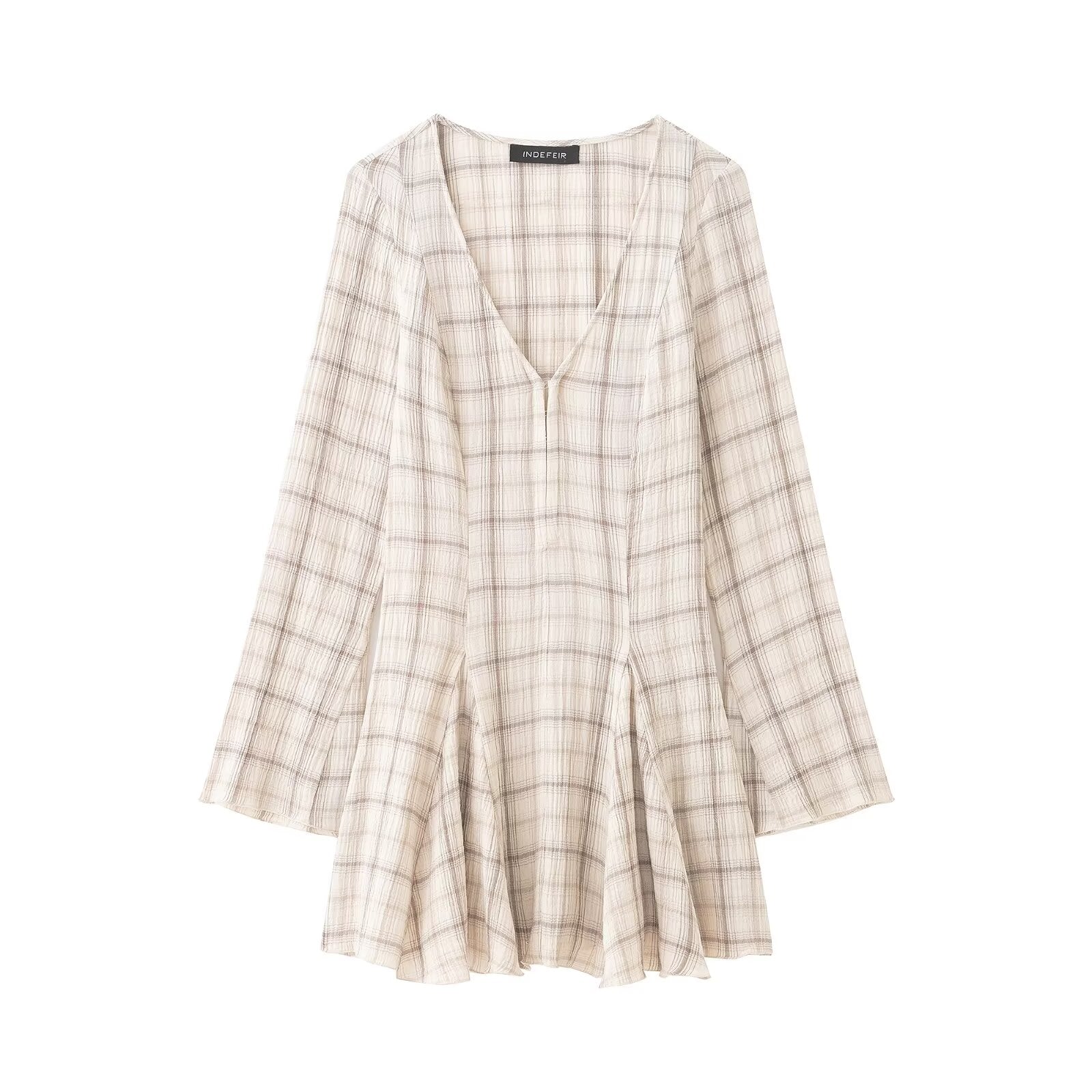 Bella Mia Women Clothing Western Long Sleeve V neck Plaid Short Dress — branding close-up