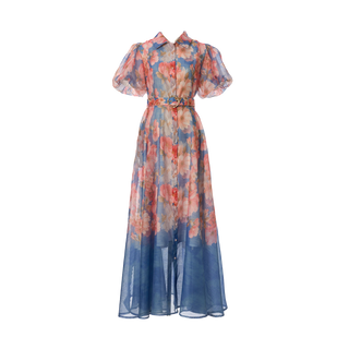 Women Summer Floral Short Sleeved Waist Long Dress