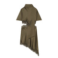 Sexy Lace Stitching Silk Satin Texture Waist Hollow Out Cutout Scarf Decoration Irregular Asymmetric Slim Fit Dress