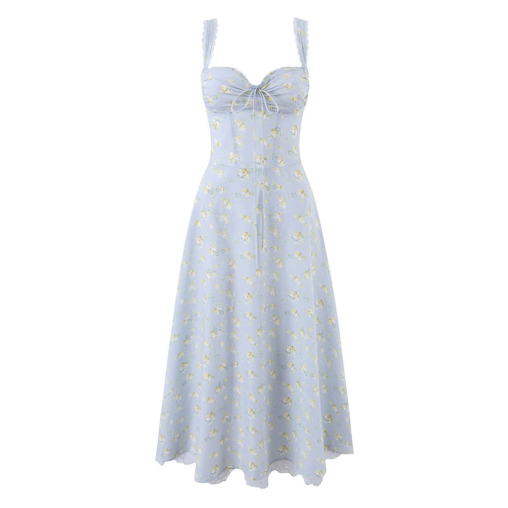 Lace Edge Elegant Baby Blue Print Boning Corset Waist Trimming Spaghetti Straps Vest Dress