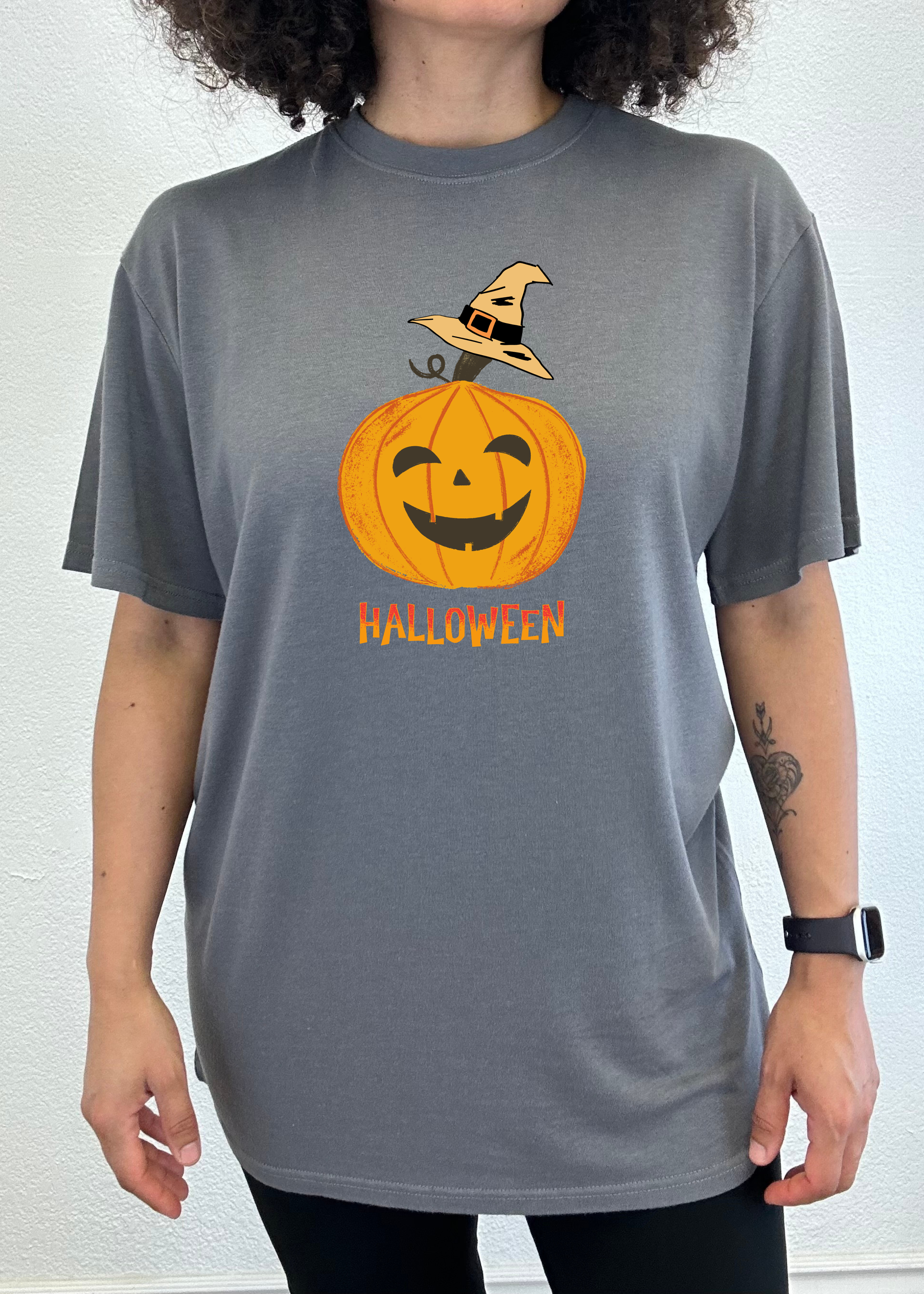 Spun Bamboo Halloween Pumpkin Unisex Bamboo Viscose/Organic Cotton Short Sleeve Graphic T-Shirt — product on model