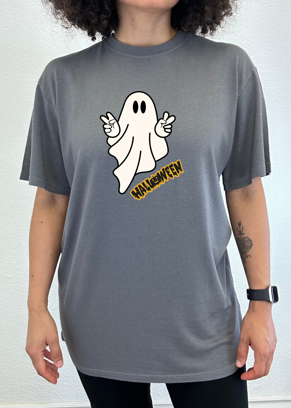 Spun Bamboo Halloween Ghost Unisex Bamboo Viscose/Organic Cotton Short Sleeve Graphic T-Shirt — product on model
