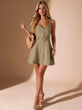 Summer Socialite Square Collar Vest Type Lace up Elastic Smocking Imitation Denim Dress