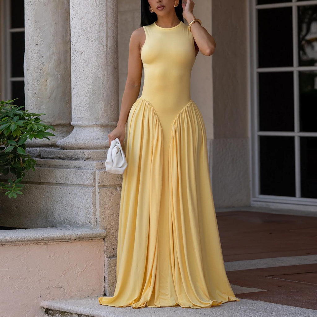 Women Wear Elegant Solid Color round Neck Sleeveless Dress