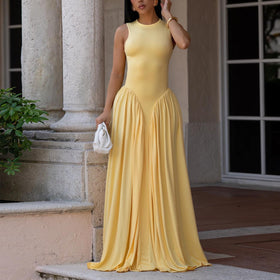 Women Wear Elegant Solid Color round Neck Sleeveless Dress