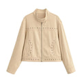 Women Clothing Summer Casual All Matching Rivets Stand Collar Short Jacket