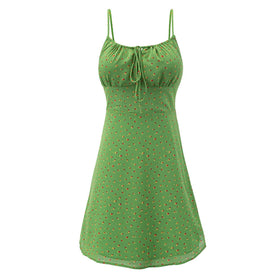 Women Summer High End Floral Strap Waist Controlled Lace Up A Line Dress
