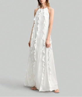 Women Clothing Summer Strap Backless Ruffled Chiffon Sexy Dress Sweet Bandage Dress Maxi Dress