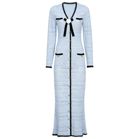 Spring Autumn Fashionable Knitted V neck Floral Slim Fit Slimming Long Sleeves Dress Women