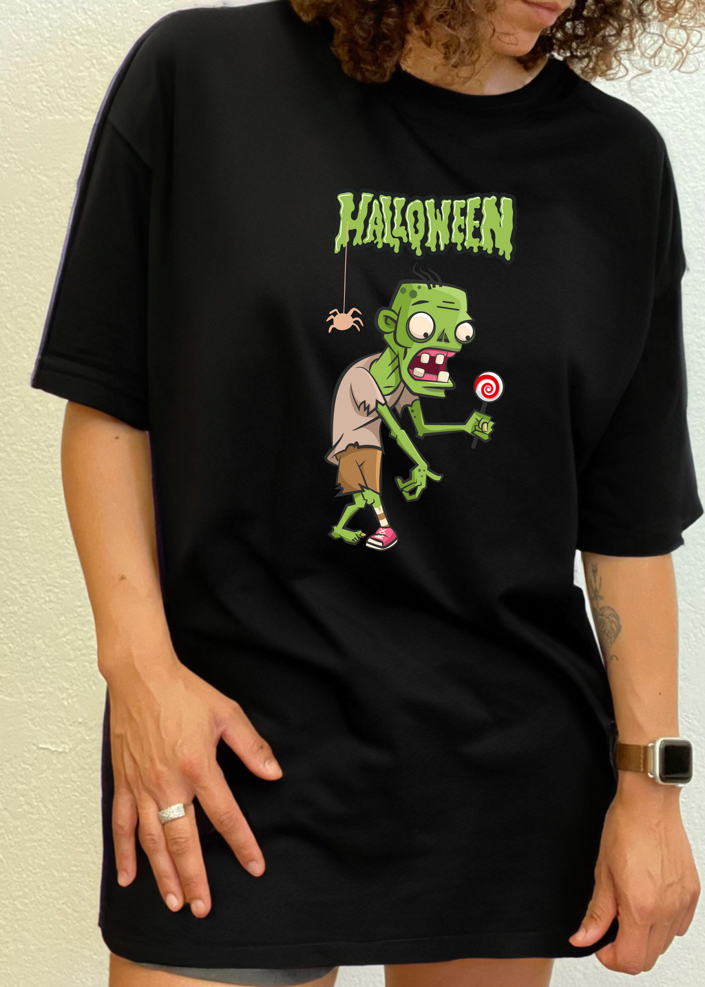 Spun Bamboo Halloween Green Monster Unisex Bamboo Viscose/Organic Cotton Short Sleeve Graphic T-Shirt — detail close-up