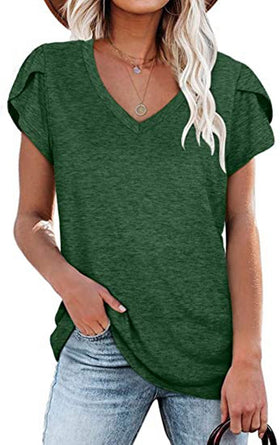 🌸 Women's V-Neck Petal Sleeve Summer T-Shirt – Elegant & Breezy